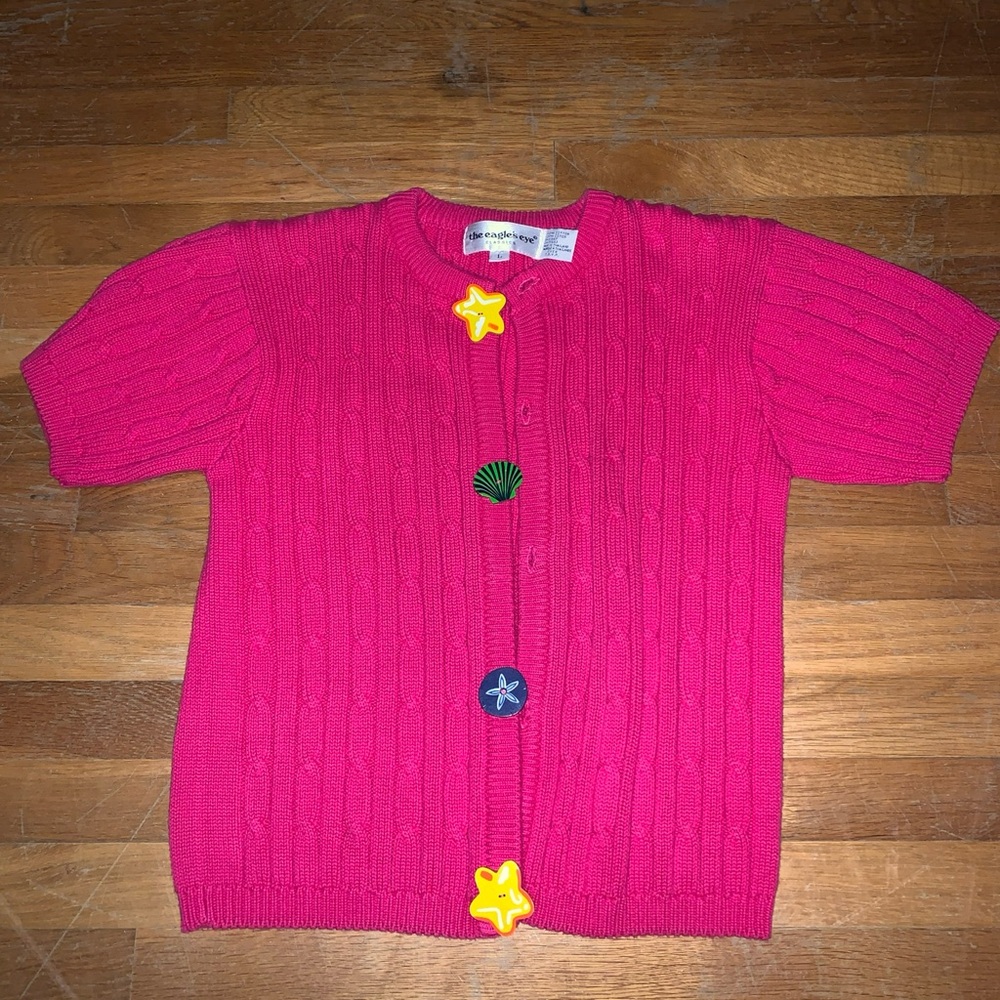 Vintage The Eagles Eye Short Sleeve Sweater Pink Hand Knit Seashell Buttons L